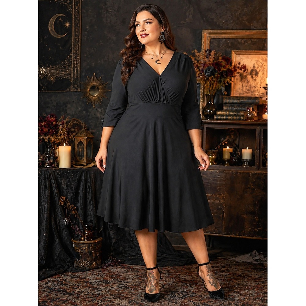 460. Whimsigoth Retro Black V-Neck Midi Dress Plus Size 22W Ruched A-Line
